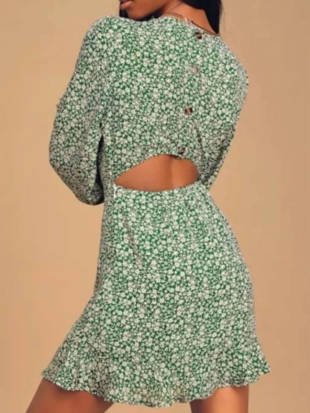 Luluβs Long-Sleeve Mini Dress Green Floral Large